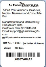 Ghasitaram Gifts Dry Fruit - 5 Part Print Almonds, Cashews, Nutties, Namkeen and Chocolate Box