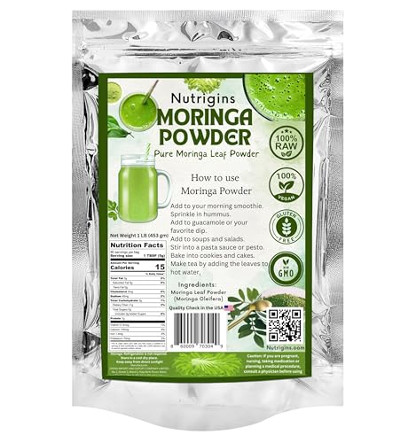 Nutrigins Moringa Powder - 1 lb - Organic Moringa Oleifera - 100% Raw and Pure Moringa Leaf Powder - Great for Drinks, Tea, Smoothies & Recipes
