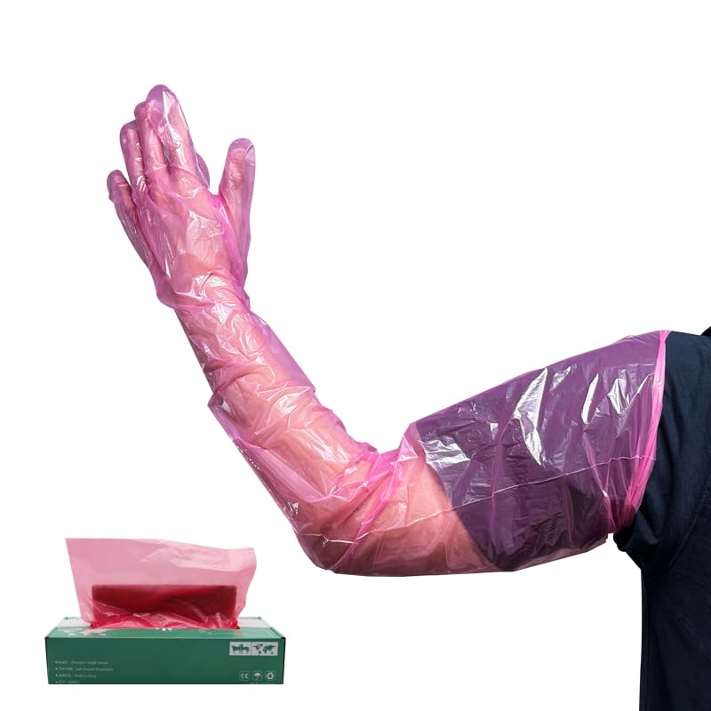 MODUODUO Disposable Gloves 100pcs Long Sleeve Shoulder Length 35”Vinyl Gloves for Cleaning Housework (Red)