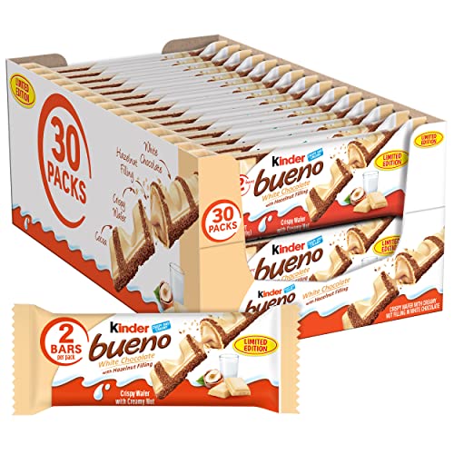 Kinder Bueno White Chocolate Bars with Hazelnut Filling, 30 Packs of 2, Bulk Chocolate Candy Bars for Game Day, Football Party Supplies, Snacks