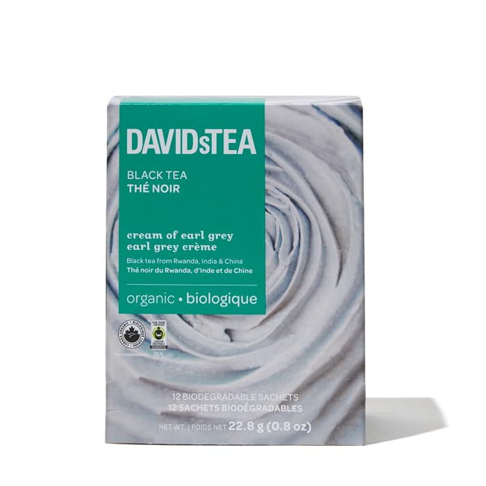 DAVIDsTEA Organic Cream of Earl Grey - High Caffeine Black Tea with Bergamot & Natural Vanilla - 12 Count - Smooth, Citrusy & Rich Breakfast Blend