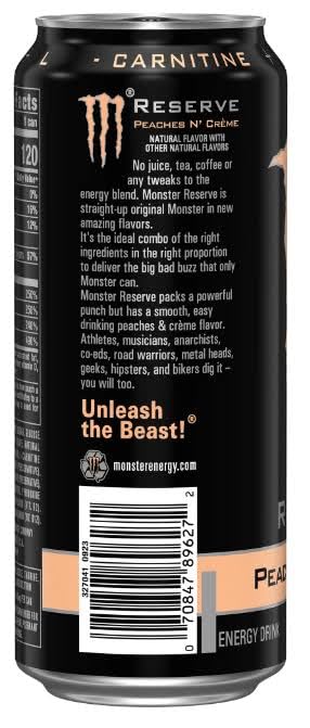Monster Reserve Peaches N' Cream Energy Drink, 16 fl oz, Pack of 24 Cans
