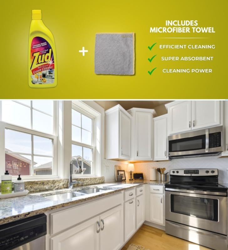 Zud Multi-Purpose Cream Cleanser 19 oz Bundle with Microfiber Cloth - Powerful Degreaser and Rust Remover for Kitchen, Shower, and Countertops - Tough