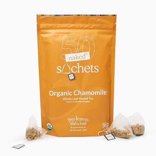 Two Leaves and a Bud Organic Chamomile - 50 Naked Tea Sachets, Naturally Caffeine Free, Whole Leaf Herbal Tea in Unwrapped Pyramid Sachets, Resealable