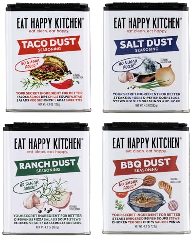 Eat Happy Kitchen Seasoning Variety Pack, 4 x 4.3 Oz - Salt, BBQ, Ranch Dust & Taco Dust - All-Purpose Spice Blends - No Sugar Added, Gluten Free, No