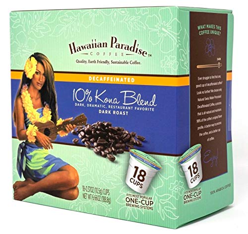 Hawaiian Paradise Coffee 10% Kona Dark Roast Decaffeinated -18 Count Single Serve Cups - Dark & Bold Flavor - Decaf - Compatible with Keurig K-Cup