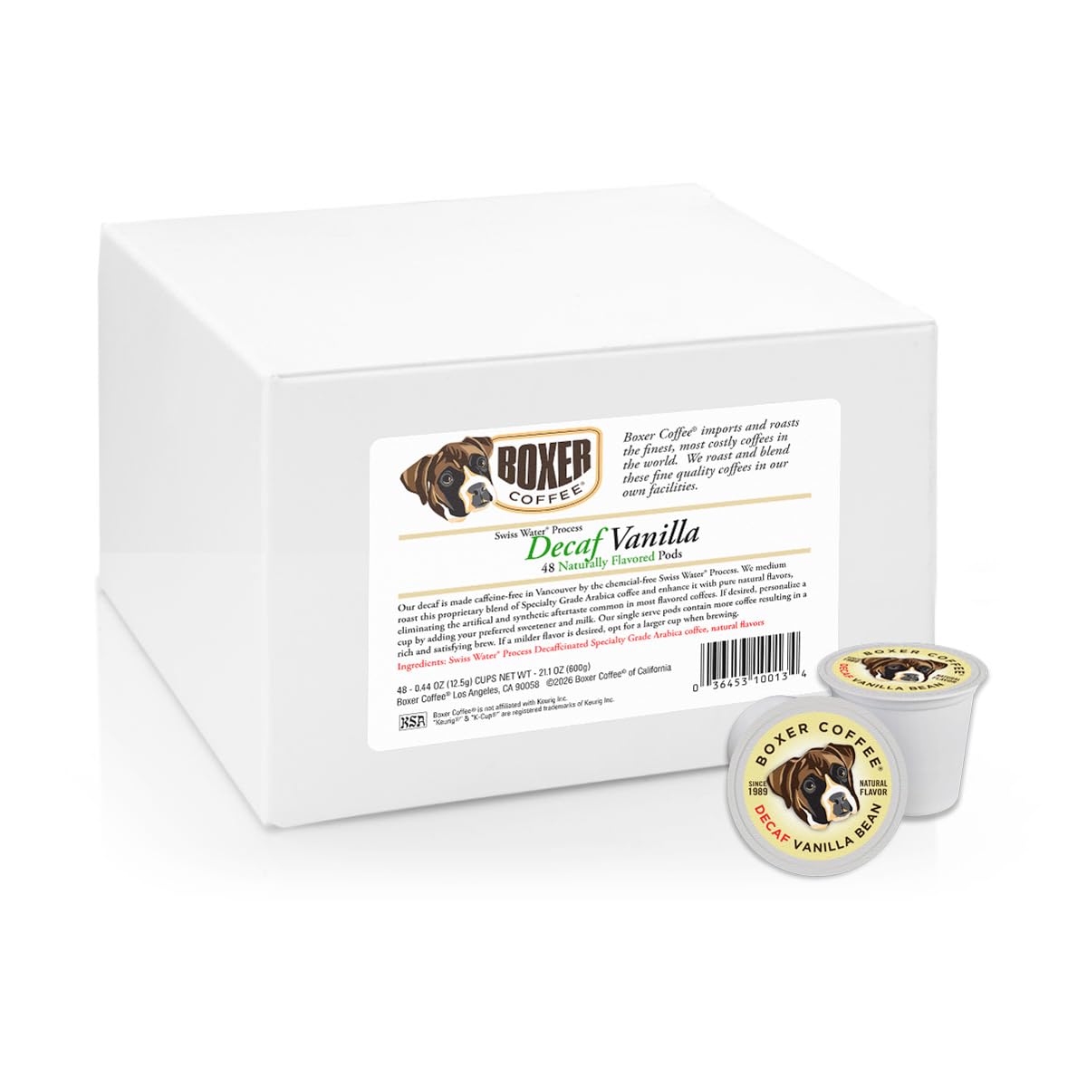 Boxer Coffee Swiss Water Process Decaf Vanilla Single Serve Pods, 48ct - Naturally Flavored Medium Roast Coffee Pods - Specialty Grade, Artisan