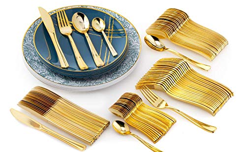 Trendables 120 Pack Disposable Dinnerware & Cutlery Combo Floral Brush Design Plates Includes: 20 10.25 in. Large Dinner Plates + 20 8" Dessert Plates