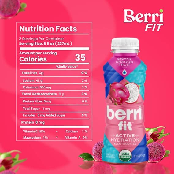 Berri Fit Hydration - Organic Dragon Fruit Flavor Natural Sports Drink - Plant-Based Electrolyte Beverage - Low Calorie, Paleo Coconut Water Solution