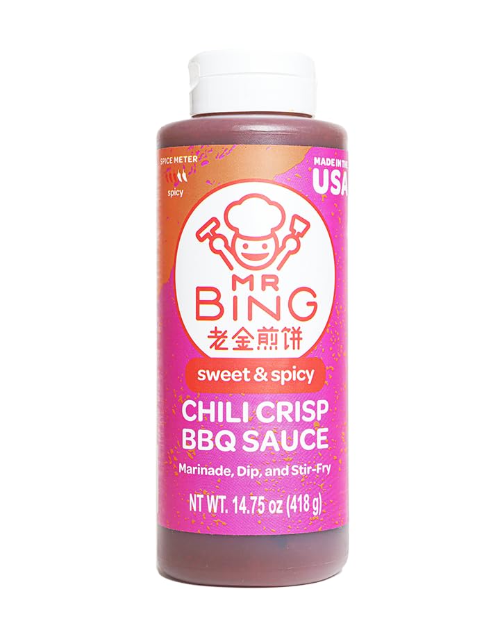 Mr Bing Sweet & Spicy Chili Crisp BBQ Sauce, 14.75 oz, Marinade Dip and Stir-Fry Sauce, Made in USA, Gluten-Free, MSG Free (Pack of 1)