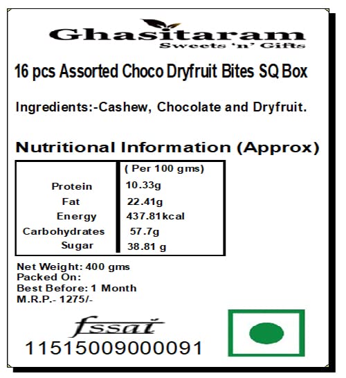 Ghasitaram Gifts Christmas Gifts - 16 pcs Assorted Choco Dryfruit Bites SQ Box 400 GMS