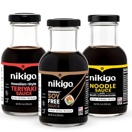 NIKIGO Soy Free Sauces Variety Pack - Original Soy Free Sauce, Hawaiian-Style Teriyaki Sauce, Noodle Sauce & Broth Concentrate - Premium Soy Sauce
