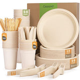 Gezond 350pcs Compostable Paper Plates Set Eco-friendly Heavy-duty Disposable Paper Plates Cutlery Includes Eco-friendly Plate, Forks, Knives, Spoons