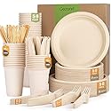Gezond 350pcs Compostable Paper Plates Set Eco-friendly Heavy-duty Disposable Paper Plates Cutlery Includes Eco-friendly Plate, Forks, Knives, Spoons
