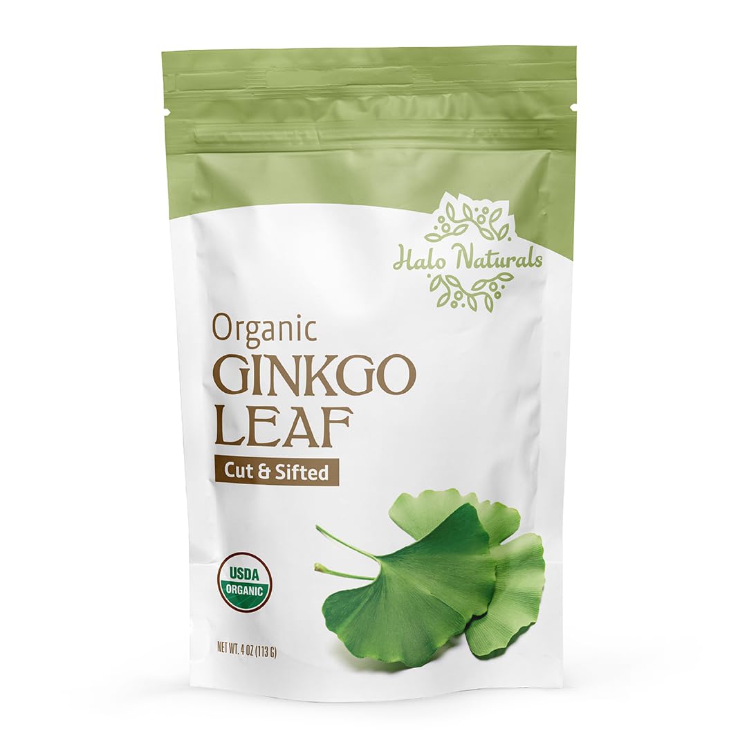 Halo Naturals Organic Ginkgo Leaf Cut & Sifted, 4 Ounces (Ginkgo biloba) USDA Certified | Resealable Pouch| Packaged in The USA