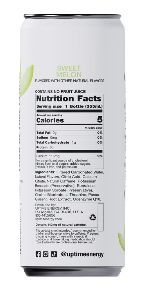 UPTIME Energy Drink, Sweet Summer Melon Sparkling, 12 Pack, Vitamin C, L Theanine, Calcium, Sugar Free Energy Drinks for Focus Support, 142mg