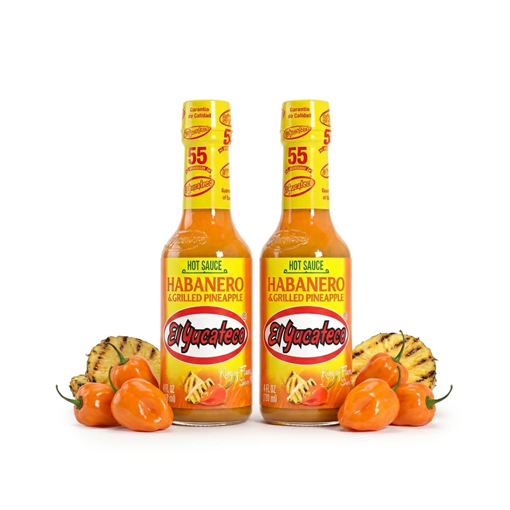 El Yucateco Habanero & Grilled Pineapple Hot Sauce, Sweet & Spicy Mexican Gourmet, Real Habanero Peppers, 2-Pack, 4 fl oz Bottles