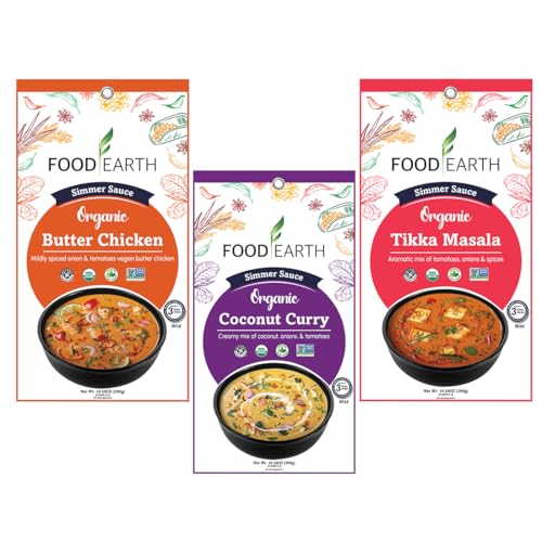 Food Earth Indian Simmer Sauces - Butter Chicken, Coconut Curry & Tikka Masala - Organic, Vegan, Gluten-Free Cooking Sauces (6 Pouches x 5.29 oz)