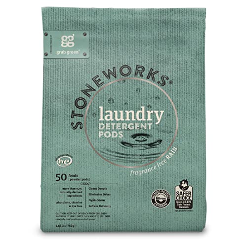 Grab Green Stoneworks Laundry Detergent Pods, Powered by Naturally Derived Plant & Mineral-Based Powder, Unscented, 50 Loads (Pack of 1) - EPA Safer