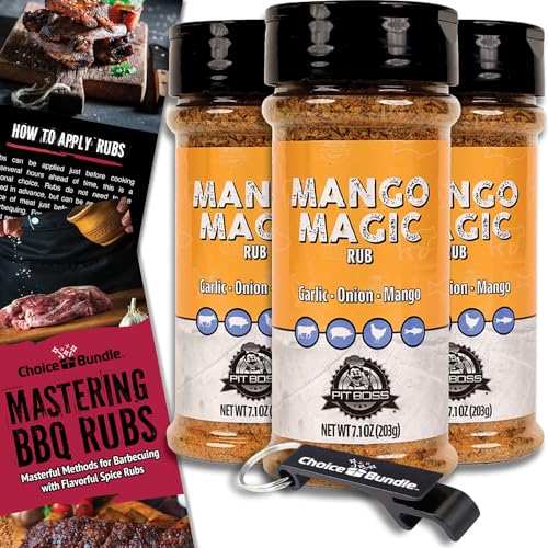 Pit Boss Mango Magic Premium BBQ Barbecue Mixed Seasoning Spice & Dry Rub 3 pk Choice Bundle (21.3 oz) + Guide & Keychain Bottle Opener (5 Items)!