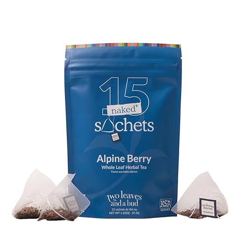 Two Leaves and a Bud Alpine Berry - 15 Naked Tea Sachets, Naturally Caffeine Free, Whole Leaf Herbal Tea in Unwrapped Pyramid Sachets, Resealable Bag