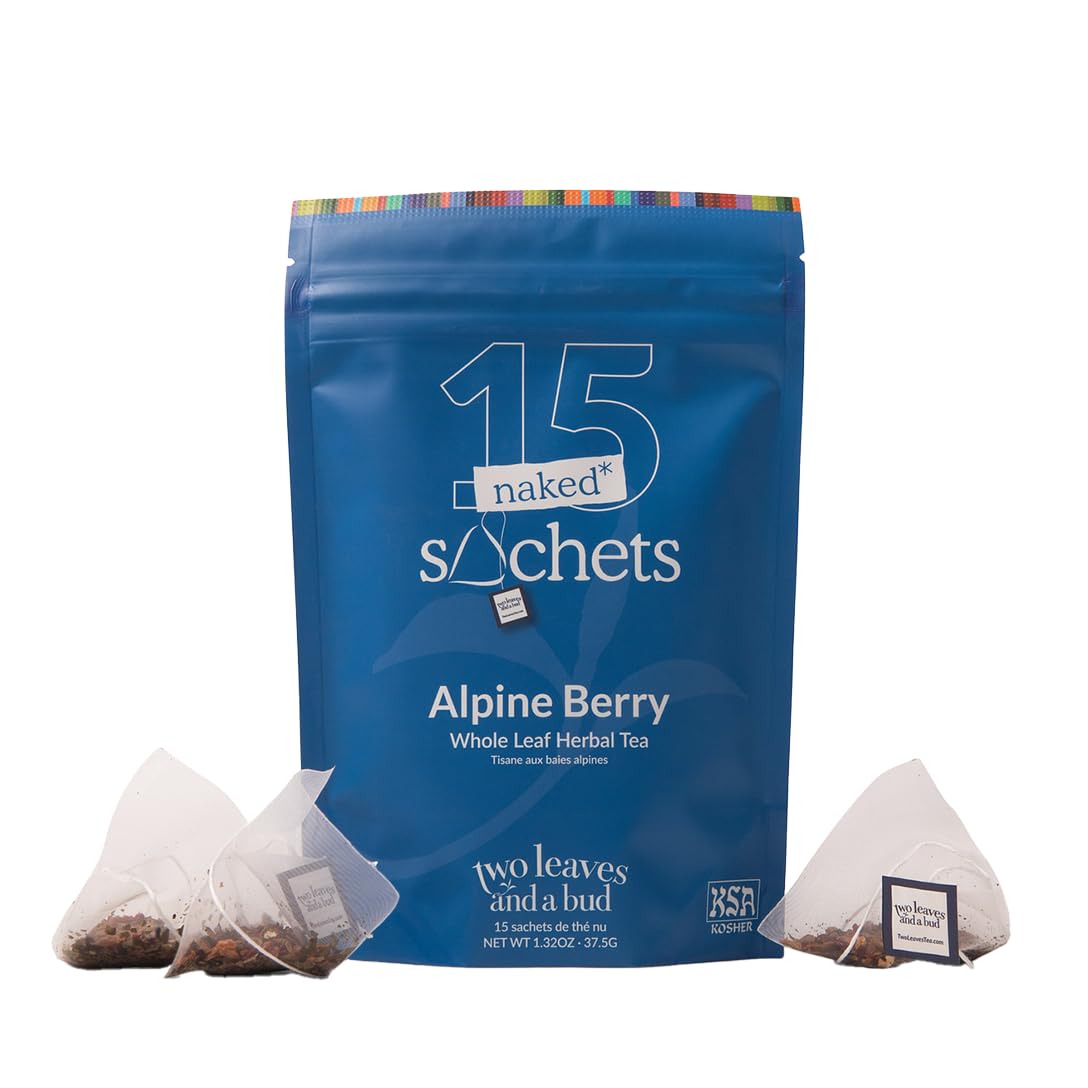 Two Leaves and a Bud Alpine Berry - 15 Naked Tea Sachets, Naturally Caffeine Free, Whole Leaf Herbal Tea in Unwrapped Pyramid Sachets, Resealable Bag