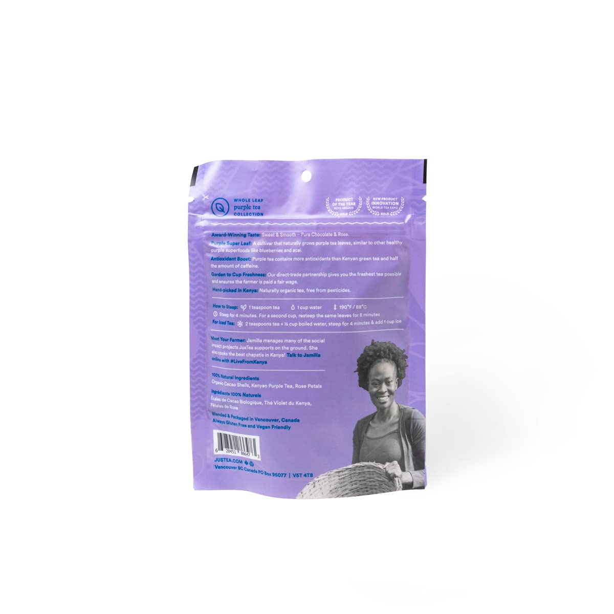 JusTea PURPLE CHOCOLATE | Loose Leaf Purple Tea | Recyclable Refill Pouch | 40+ Cups (3.5oz) | Very Low Caffeine | Award-Winning | Fair Trade |