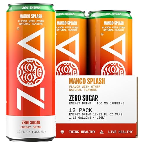 ZOA Zero Sugar Energy Drinks, Mango Splash - Sugar Free with Electrolytes, Healthy Vitamin C, Amino Acids, Essential B-Vitamins, and Caffeine from
