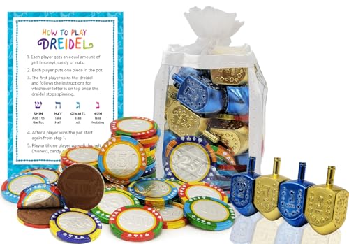 The Dreidel Company Hanukkah Gift-Set of 8 Dreidels and 25 Nut-Free Premium Belgian Chocolate Poker Gelt Coins, in Adorable Dreidel Shaped Keepsake
