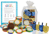 The Dreidel Company Hanukkah Gift-Set of 8 Dreidels and 25 Nut-Free Premium Belgian Chocolate Poker Gelt Coins, in Adorable Dreidel Shaped Keepsake