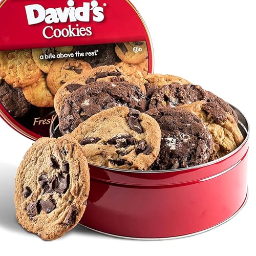 David's Cookies Assorted Fresh Baked Decadent Cookie Gift Tin - 2lb Basket with 8 Jumbo Cookies - Soft and Chewy Bakery-Style Dessert for Birthdays