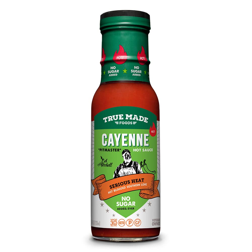 True Made Foods Ed Mitchell's Legendary Cayenne Hot Sauce - Zero Sugar, Keto, Whole30, Paleo, Vegan - Pure Aged Cayenne Peppers, Vinegar, Salt - Great