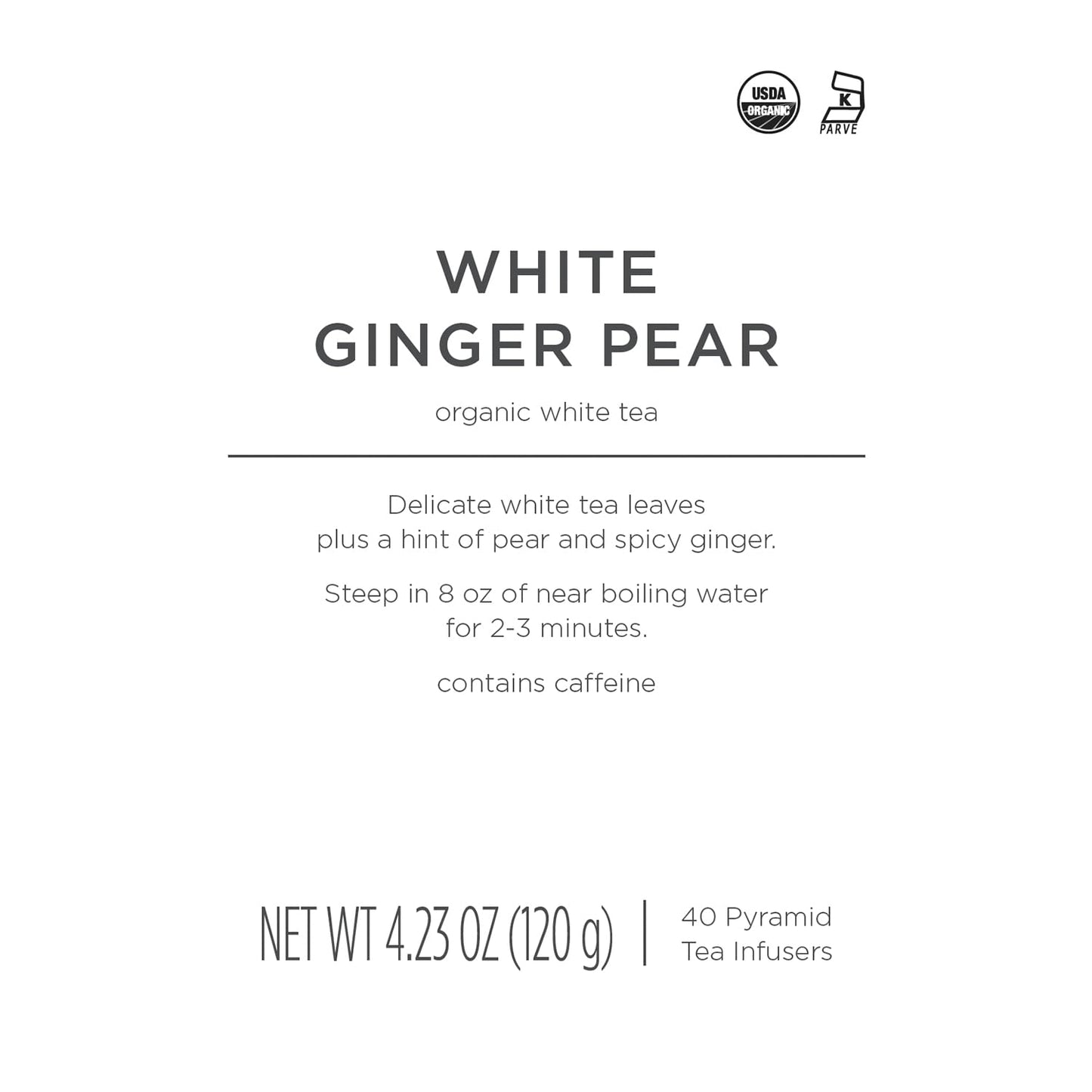 Tea Forte White Ginger Pear Premium Organic Caffeinated White Tea Blend Event Box, Bulk Pack 40 Count, 10 per tray Individually Wrapped Handcrafted