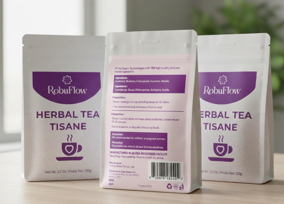 RobuFlow Herbal Tea for Feminine Balance - 20 Tea Bags (3.5 oz) - Natural Blend with Cranberry, Blueberry, Dried Peach, Hawthorn & Roselle - Supports