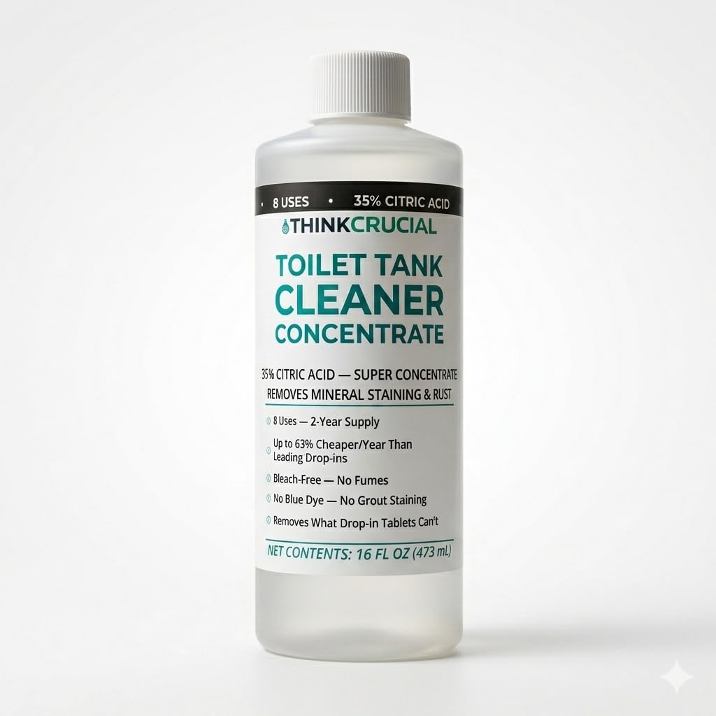 Think Crucial Toilet Tank Cleaner Concentrate - 35% Citric Acid, 8 Uses, Bleach-Free, No Blue Dye, Septic Safe - 16 fl oz