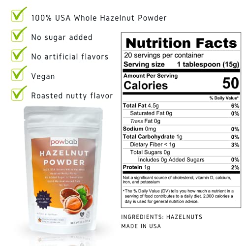 powbab Hazelnut Powder - 100% USA Grown Roasted Hazelnut Meal Flour. Roasted Nutty Flavor, Not Raw. Whole Food: Finely Ground Hazelnut Flour