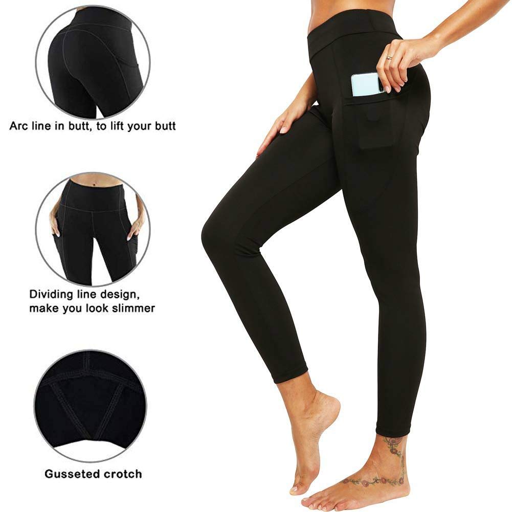 Fashion side phone pocket high waist running sports fitness yoga leggings (Black, L)