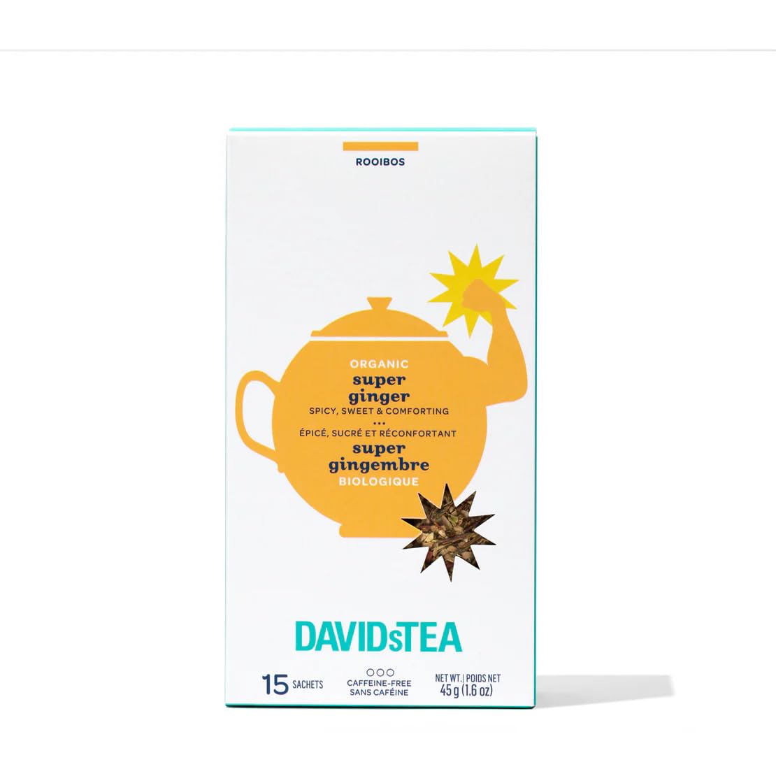 DAVIDsTEA Organic Super Ginger Herbal Tea - Caffeine-Free Tea Bags with Ginger, Green Rooibos & Pink Peppercorn - 15 Count - Spicy & Invigorating