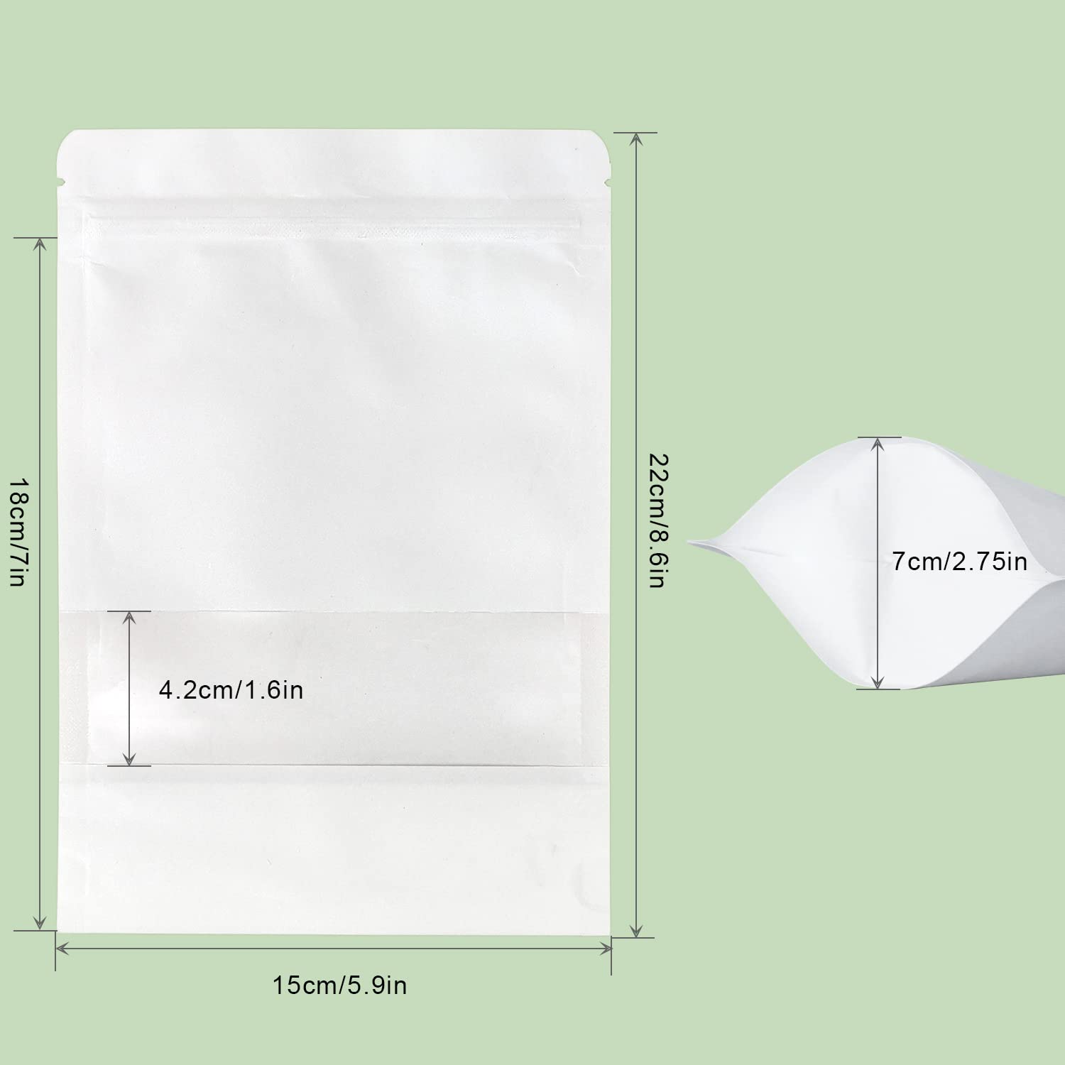 SumDirect Kraft Stand Up Pouches - 50 Pack 5.9x8.6 Inch White Self-Sealing Zipper Food Storage Reusable Sealable Bags with Window for Home or Business