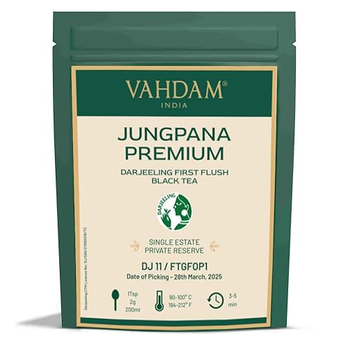VAHDAM, Jungpana Premium Darjeeling First Flush Black Tea 2025 | 3.53oz/100g | Pure Unblended & Freshly Hand-Picked Loose-Leaf Tea | Brews 50+ Cups