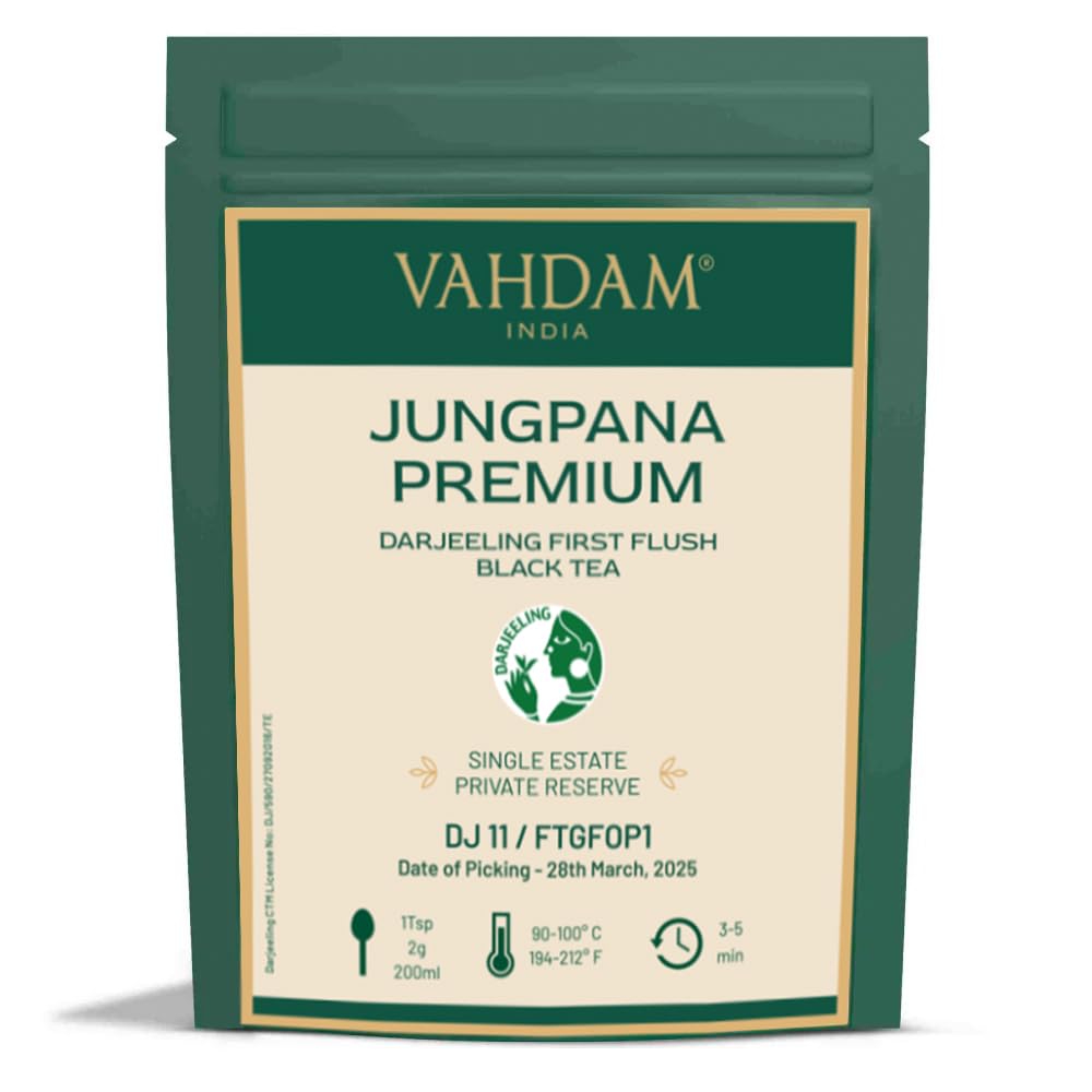 VAHDAM, Jungpana Premium Darjeeling First Flush Black Tea 2025 | 3.53oz/100g | Pure Unblended & Freshly Hand-Picked Loose-Leaf Tea | Brews 50+ Cups