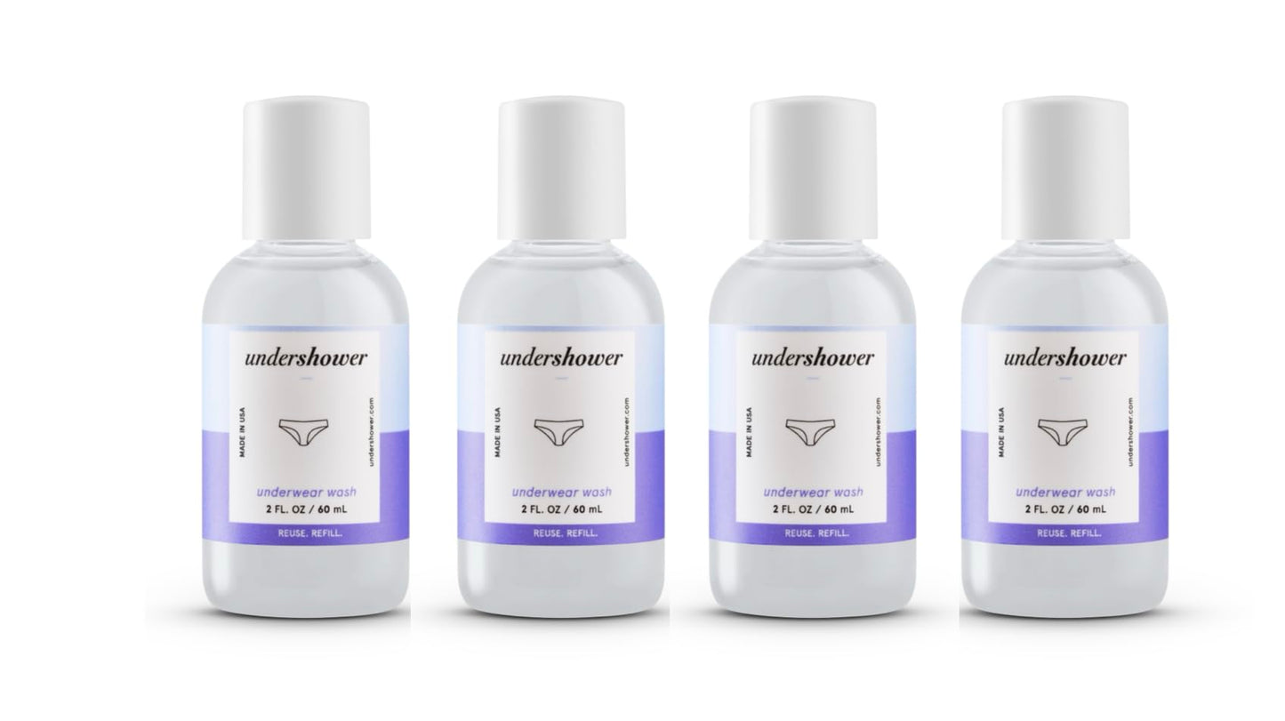 Undershower underwear detergent bundle. Travel size. 2 fl oz bottles, pack of 4. Undershower is designed to wash your underwear and swimwear in the
