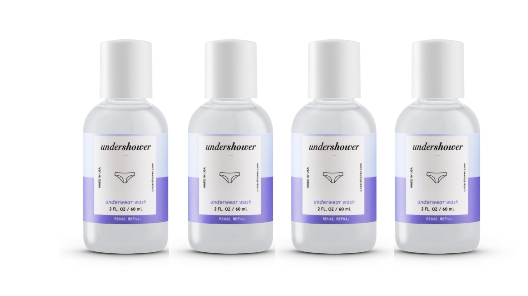 Undershower underwear detergent bundle. Travel size. 2 fl oz bottles, pack of 4. Undershower is designed to wash your underwear and swimwear in the