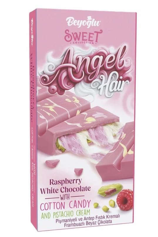 Angel Hair Cotton Candy Chocolate Bar - 6 oz (170 G) Raspberry White Chocolate with Cotton Candy and Pistachio Cream - 6 oz (170 G) (Pack of 1)