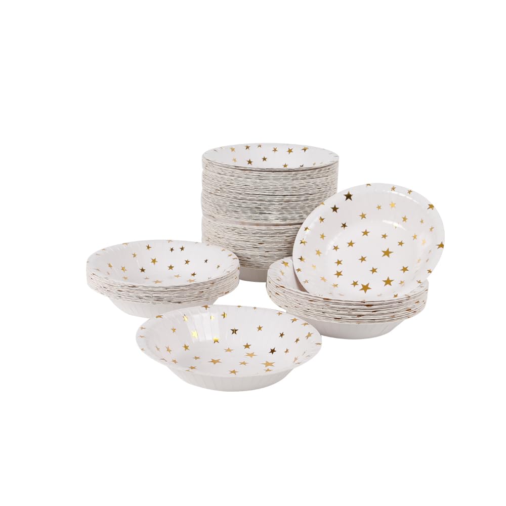 Geeklife 50 pcs Gold Stars Disposable Paper Bowls,20 oz Large Party Decorative Serving Bowls for Wedding,Birthday,Baby Shower and Home
