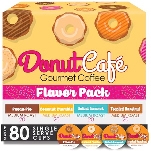 Donut Café - Gourmet Coffee Medium Roast Flavored Variety Pack - Pecan Pie, Coconut Crumble, Salted Caramel, Toasted Hazelnut - Single Serve Coffee