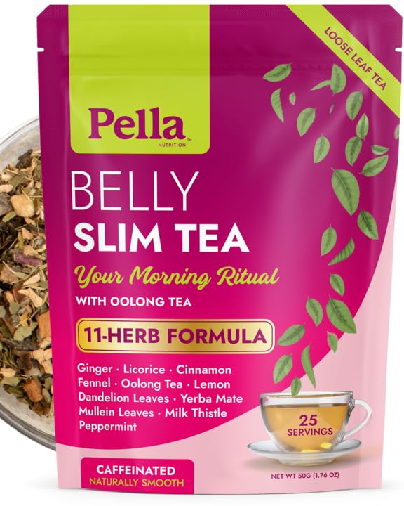 Belly Slim Tea - 11-Herb Formula with Ginger Licorice Cinnamon Fennel Oolong Lemon Dandelion Yerba Mate Mullein Leaves Milk Thistle & Peppermint