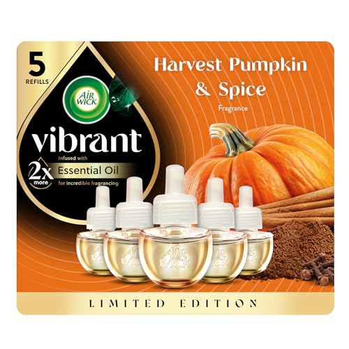 Air Wick Plug in Scented Oil Refill, Infused with Essential Oils, Plug in Air Fresheners for Home, Fall Scent, Fall Décor, Harvest Pumpkin & Spice, 5