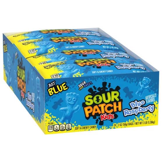 Sour Patch Kids Blue Raspberry Candy, Soft & Chewy Gummies, Sour Then Sweet, 2 oz Individual Bags, Bulk Pack (24 Count), Party Snacks & Lunchbox