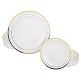Prestee 50-Piece Disposable Plates Set - White with Gold Rimmed Plastic Plate for Parties, Holidays, Weddings - Includes 25 Dinner Plates and 25 Small